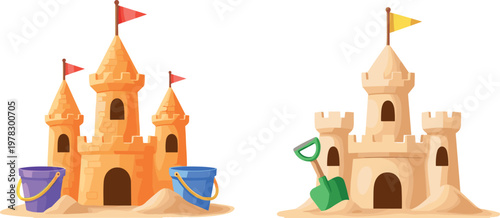 Sandcastle collection with beach buckets and shovel, summer seaside children activity vector illustration set isolated background