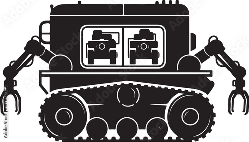 Industrial robot, tank robot, mechanical arm, black vector icon, industrial automation, robotics technology