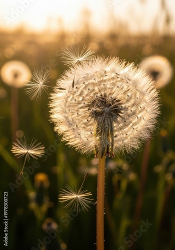 Close-Up of Dandelion Seeds Floating in Sunlight at Golden Hour