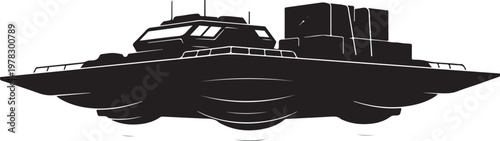 Sleek cargo boat, black silhouette, vector illustration, transportation icon