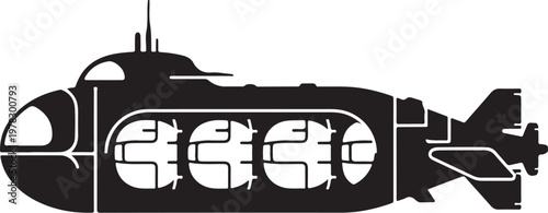 Black submarine vector, military submarine icon, navy vessel silhouette, underwater vehicle