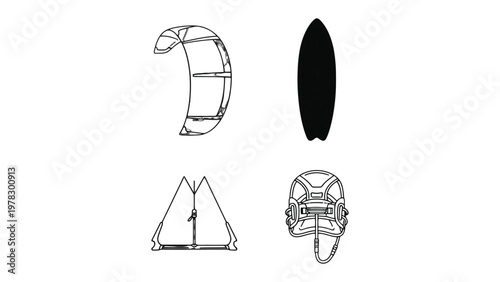 Kite Surfing Elements: Minimalist outline of kite surfing equipment displayed against a clean background, highlighting the essentials for an exhilarating water sport.