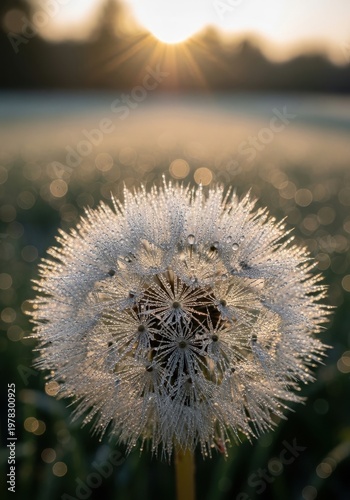 Close-Up of Dew-Covered Dandelion at Sunrise with Bokeh Background