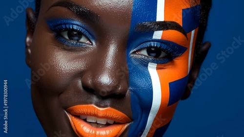 A model poses in a studio with bright colors on her face. The makeup includes orange and blue details. She makes different expressions and smiles, showcasing the art.