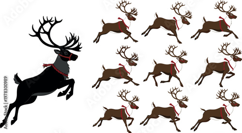 Reindeer running sequence set with silhouette and detailed Christmas deer, festive holiday animation poses vector illustration collection