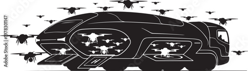 Futuristic car, drone swarm, black and white vector, automotive technology, sci-fi illustration