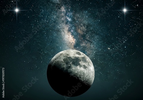 Cinematic View of the Moon with Milky Way Galaxy and Bright Stars in Deep Space Background