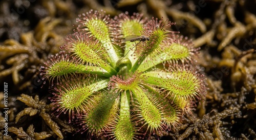 Close-Up of Dew-Dripping Sundew Plant with Insect on Leaf