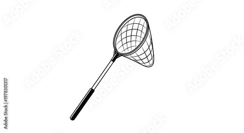 Hand-drawn style illustration of a fishing net or butterfly net with a long handle, suitable for outdoor activity or collection icons.