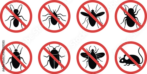 Pest control prohibition icon set, black warning and stop signs featuring cockroaches spiders flies mites ticks mosquitoes ants and rats for hygiene and safety design.