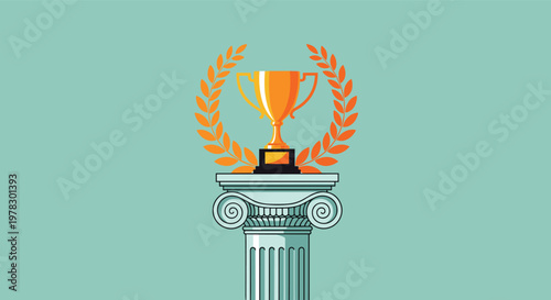 Golden trophy cup placed on top of a classic architectural column with a laurel wreath, symbolizing victory, success, or achievement.
