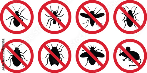 Pest control prohibition icon set, collection of forbidden bug symbols including cockroach spider fly mite tick mosquito ant and rat for warning signage and sanitation graphics.