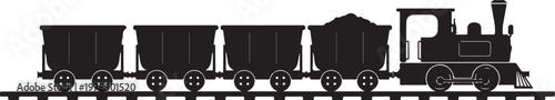 Black train locomotive, freight train cars, railroad transportation, vector icons