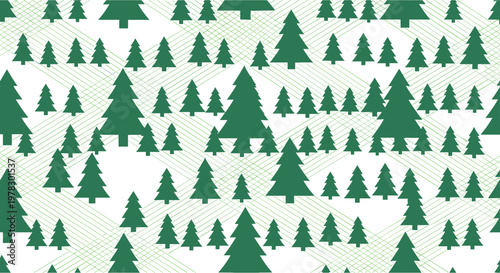 Pattern of green evergreen tree silhouettes with diagonal dotted lines, perfect for winter forest or Christmas-themed backgrounds.