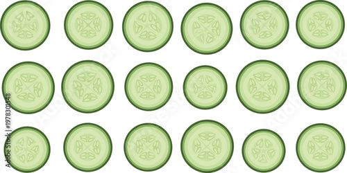 Seamless cucumber slice pattern with fresh green vegetable pieces, healthy food background vector illustration for packaging and textile design