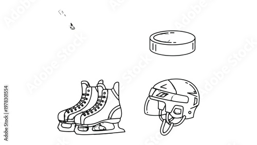 Photography Hockey Gear Essentials: A clean illustration of ice hockey equipment including skates, helmet, and puck, perfect for showcasing the fundamentals of the sport