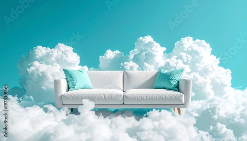 An illustration of a sofa on a beautiful cloud.