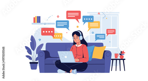 Young woman wearing headphones and using a laptop on a sofa surrounded by colorful chat bubbles for online socializing or remote work.