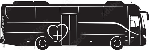 Black bus, medical transport, ambulance vehicle, heart symbol, white outline