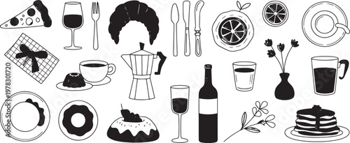 french breakfast set with coffee wine and bread vector illustration