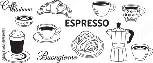 italian coffee types espresso cappuccino and macchiato flat design vector illustration