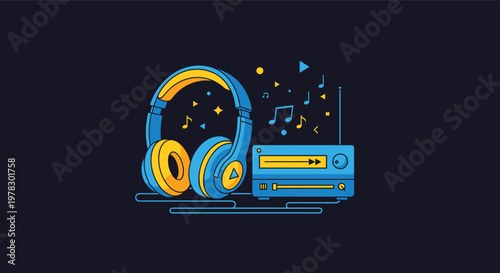 Blue and yellow headphones and a vintage cassette player with musical notes and geometric shapes for music lovers or retro themes.