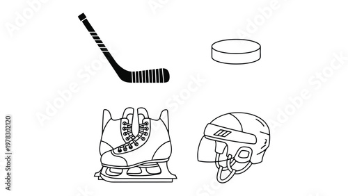 Ice Hockey Elements: A collection of essential ice hockey equipment elements, cleanly illustrated against a backdrop, ideal for sports or design projects. 