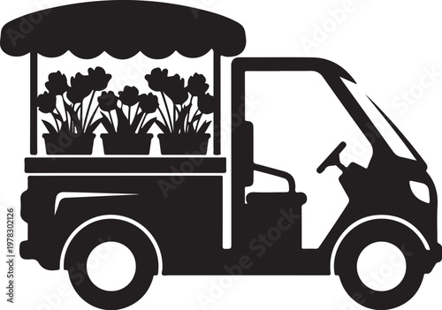 Black silhouette golf cart, flower vendor cart, plant truck, gardening vehicle