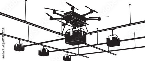 Drone, aerial, robotics, technology, quadcopter, vector illustration, industrial drone, black and white