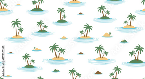 Seamless pattern of tropical islands with palm trees on blue water with rocks, perfect for travel, vacation, or summer backgrounds.