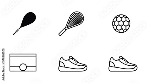 Sporting Essentials: A collection of simple black and white vector icons, representing fundamental tools and gear essential to various athletic activities. 