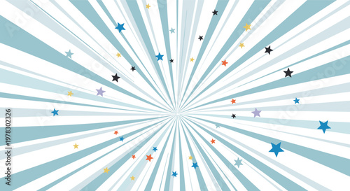 Dynamic abstract background featuring radial light blue and white stripes with scattered colorful stars creating a festive or celebratory mood.