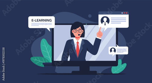 Professional woman teacher wearing glasses and a headset presenting an online lesson through a computer screen for a digital e-learning platform.