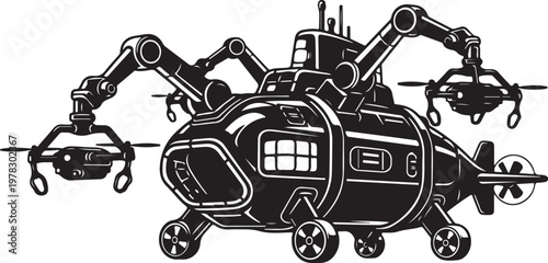 Robotic helicopter, industrial drone, mechanical aircraft, black and white vector