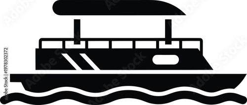 Silhouette of a modern pontoon boat sailing on wavy water vector illustration