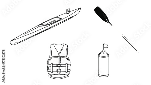 Kayaking Elements: Artistic representation of essential elements of kayaking, including a kayak, paddle, life jacket, and a safety buoy, promoting outdoor adventures and water sports.