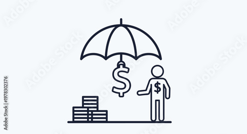 Minimalist line art icon showing an umbrella protecting a dollar sign, a stack of coins, and a person symbol on a light background for insurance.