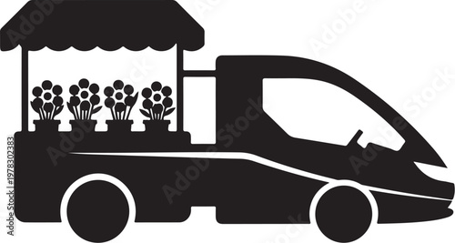 Black flower truck icon, vehicle with flowers, floral cart, transportation illustration, flower delivery