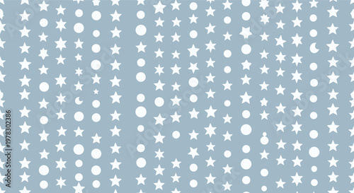 Seamless pattern featuring rows of white stars, circles, and crescent moons of various sizes on a soft light blue background for nursery decor.