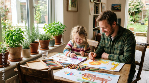 A father and daughter happily drawing colorful pictures of animals together at a wooden table by a window.
