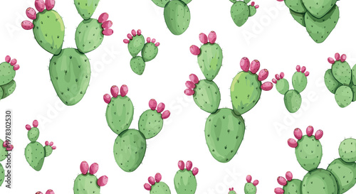 Seamless prickly pear cactus pattern with green pads and pink fruits, hand drawn desert botanical background illustration