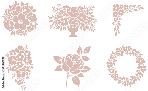 Elegant floral designs with roses and leaves in soft pink tones