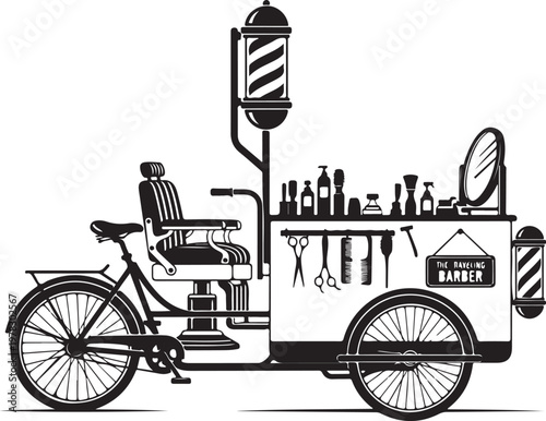 Vintage mobile barber shop, bicycle barber cart, retro barber chair, grooming tools