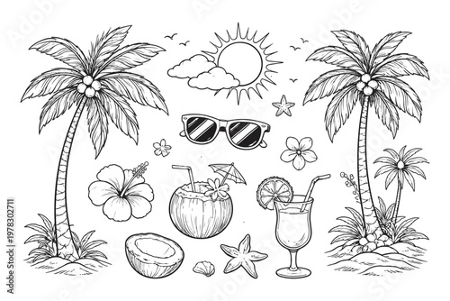 Tropical vacation elements illustrated in a monochromatic style
