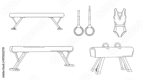 Gymnastics Equipment Line Art: A collection of artistic line drawings showcasing essential gymnastics apparatus, including balance beams, gymnastic rings, a leotard, and a vaulting horse.