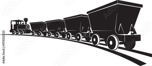 Black train, locomotive, cargo cars, railroad, transportation icons