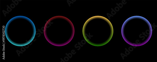 Neon circle frame. Illuminate frame design. Set of round neon border. Futuristic graphic element for social media stories. Glowing neon lighting on dark background. Blue, pink, purple, violet. Vector