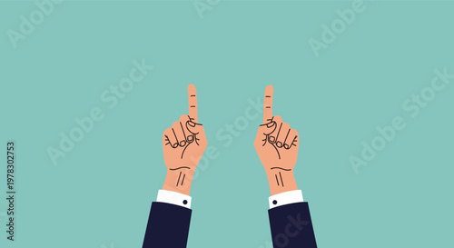 Illustration of two hands in dark blue suit sleeves with index fingers pointing upwards against a solid teal background for instructions.