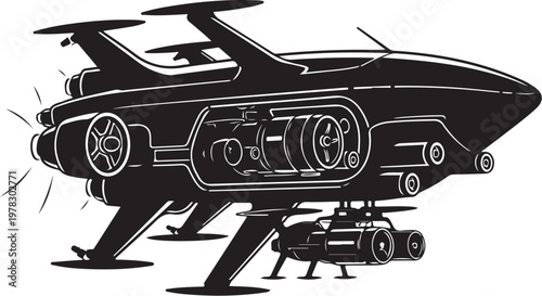 Futuristic Helicopter, Drone Aircraft, Black Vector Illustration, Modern Transportation
