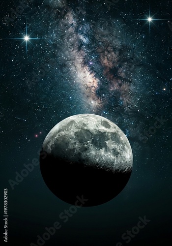 Cinematic View of the Moon with Milky Way Galaxy and Bright Stars in Deep Space Background